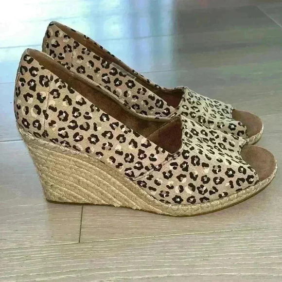 Toms Michelle Neutral Cheetah Peep Toe Wedges sz 9.5 W - Picture 2 of 10